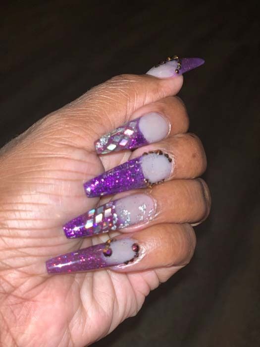 Purple glitter coffin nails with mirror chrome nail art
